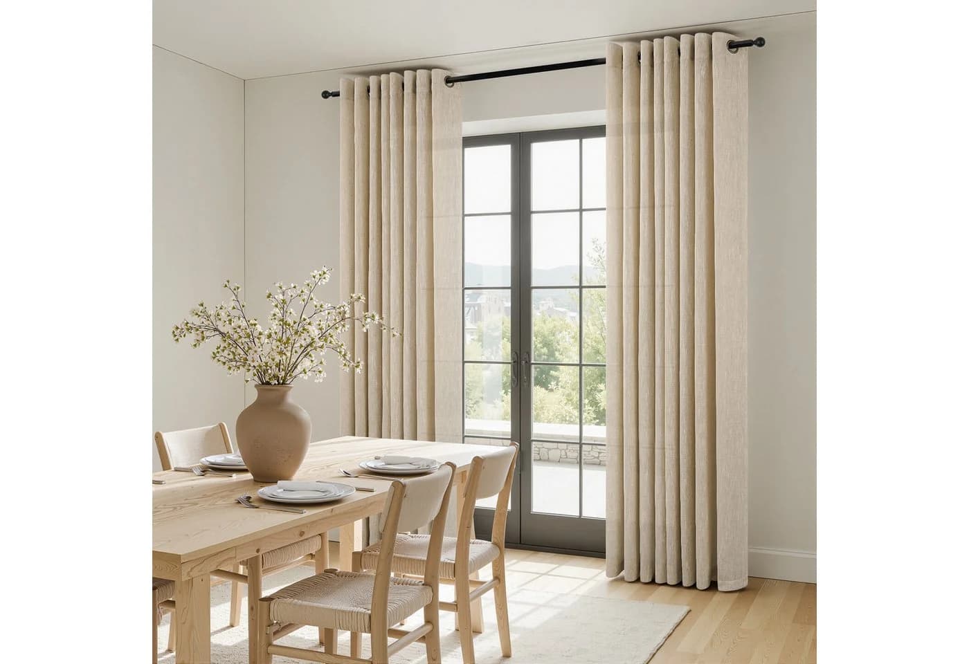 Topfinel Gardine Leinen Vorhänge mit Ösen Boho Beige/Grün/Weiß