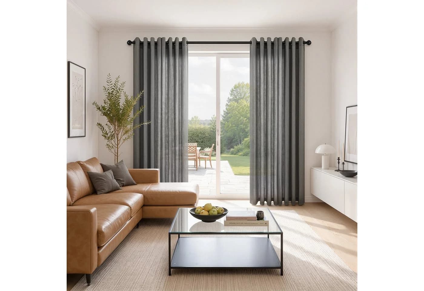 Topfinel Gardine Leinen Vorhänge mit Ösen, halbtransparent, Naturbeige/Grün/Weiß
