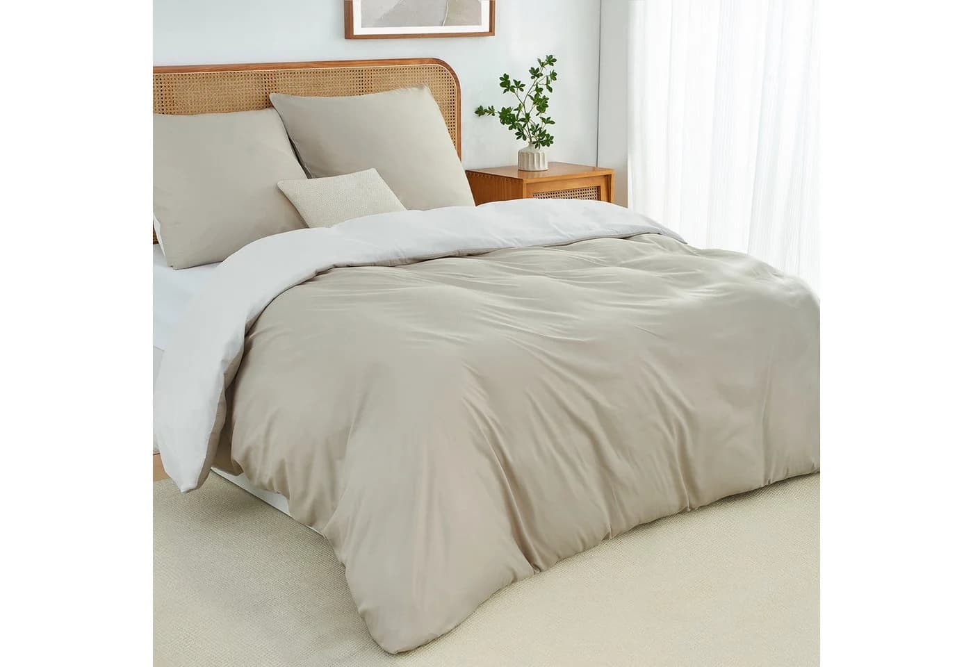 Topfinel Bettwäsche 135x200cm 4-teilig Beige/Weiß Satin Kühlend Bügelfrei - Bild 2
