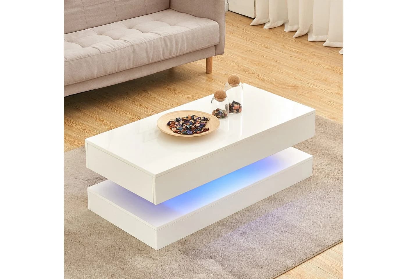 JYMTOM Couchtisch Beistelltisch Moderner Holztisch Weißer Glanz mit LED-Leuchten - Bild 2