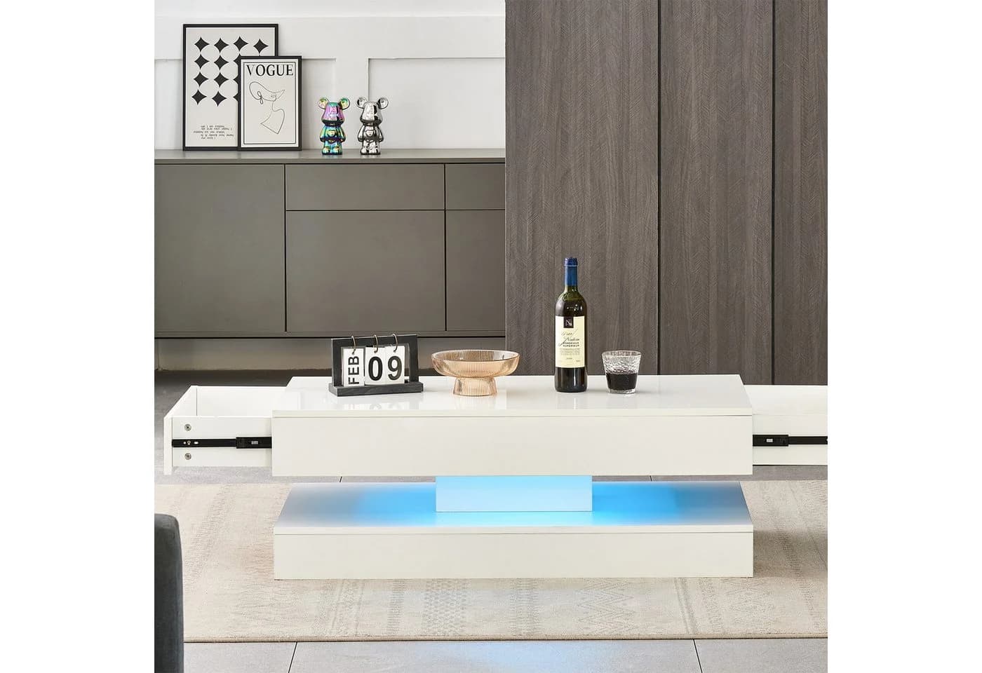 JYMTOM Couchtisch Beistelltisch Moderner Holztisch Weißer Glanz mit LED-Leuchten - Bild 4