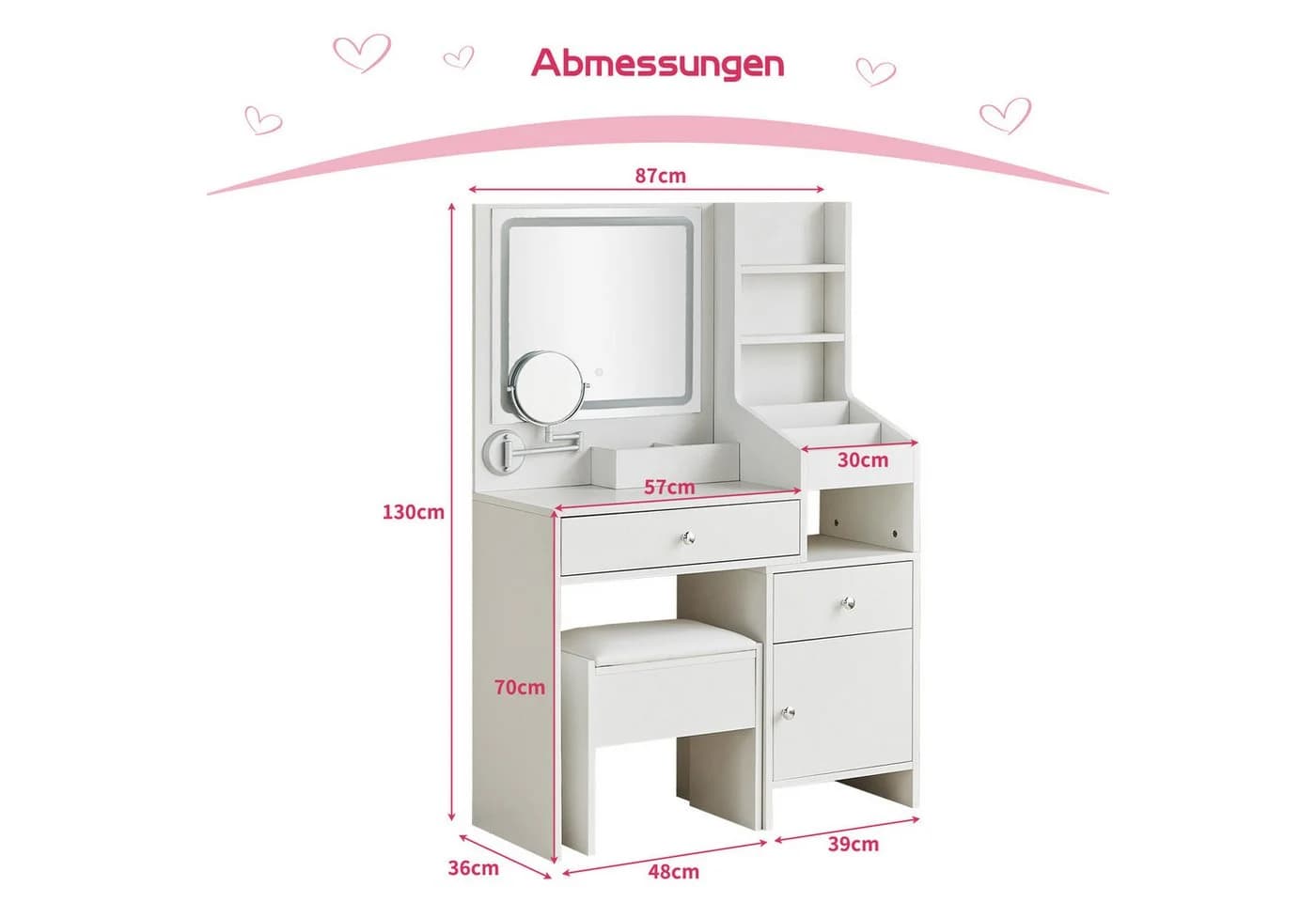 JYMTOM Schminktisch Weiß mit LED Spiegel und 2 Schubladen