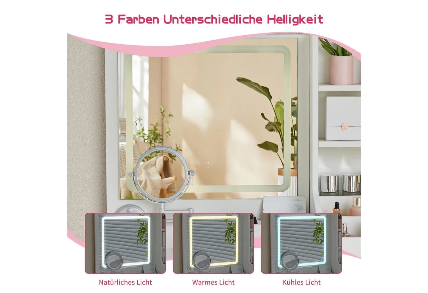 JYMTOM Schminktisch Weiß mit LED Spiegel und 2 Schubladen - Bild 5