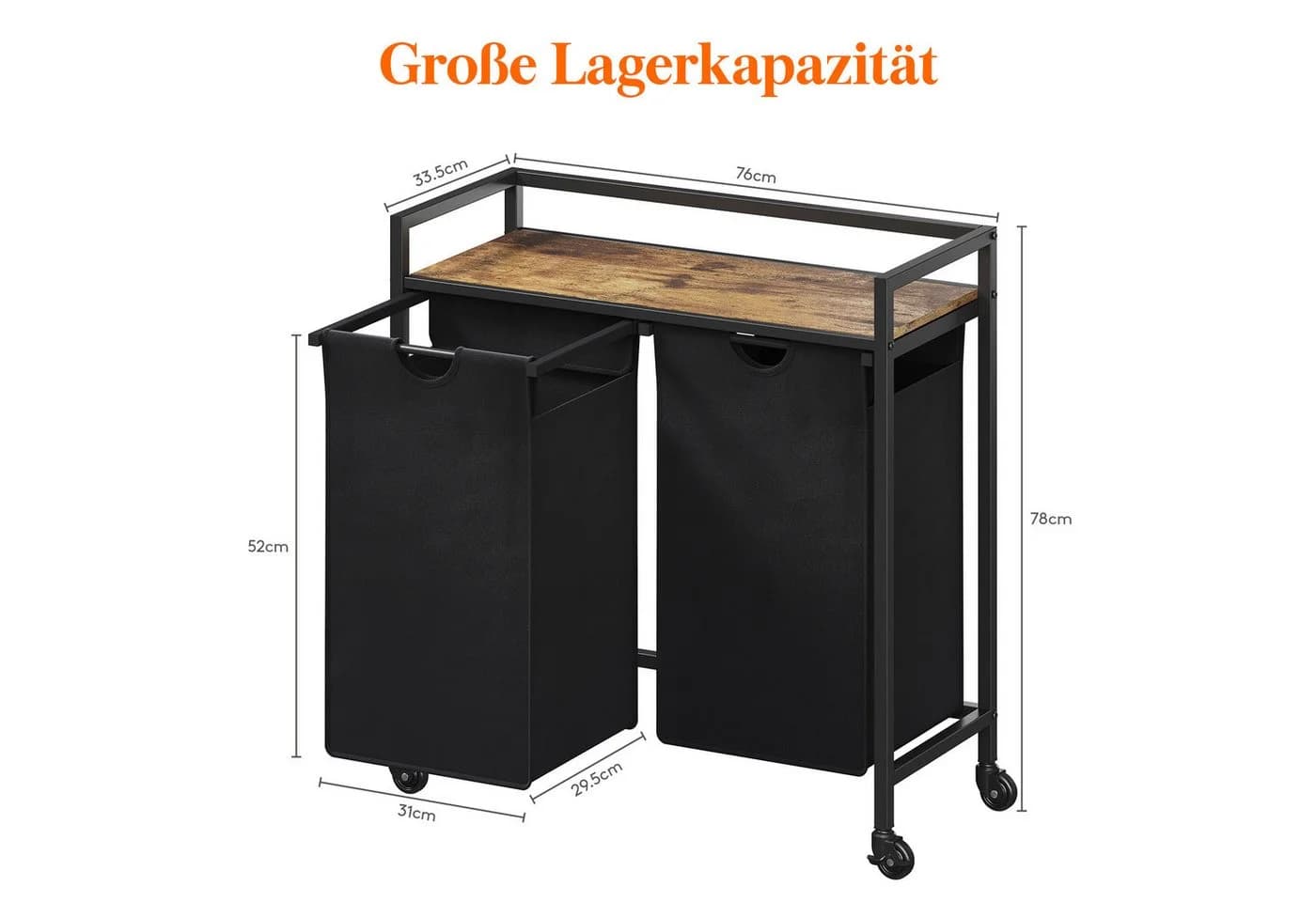 Lifewit Wäschebox Wäschekorb 2 Fächer mit Rollen Schwarz - Bild 3