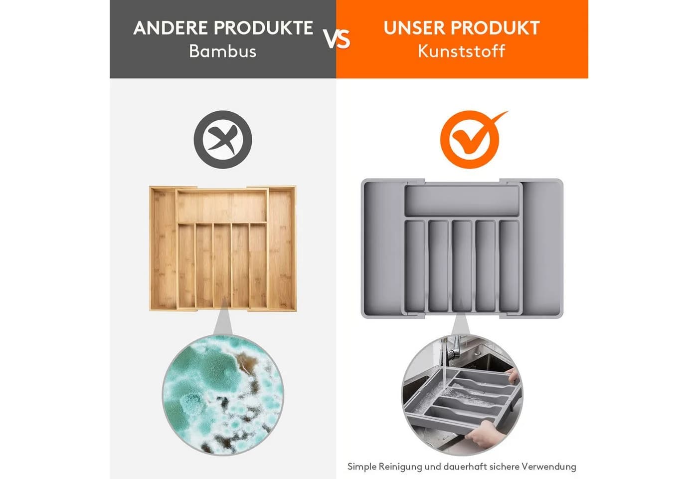 Lifewit Besteckeinsatz Besteckkasten für Schubladen, Verstellbarer Besteckhalter Grau - Bild 5