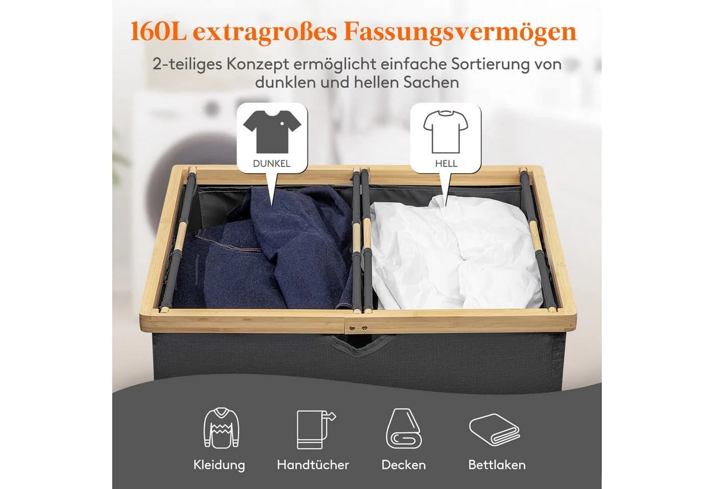 Lifewit Wäschebox Bambus Wäschekorb mit Deckel, 2 Fächer Wäschesortierer Dunkelschwarz