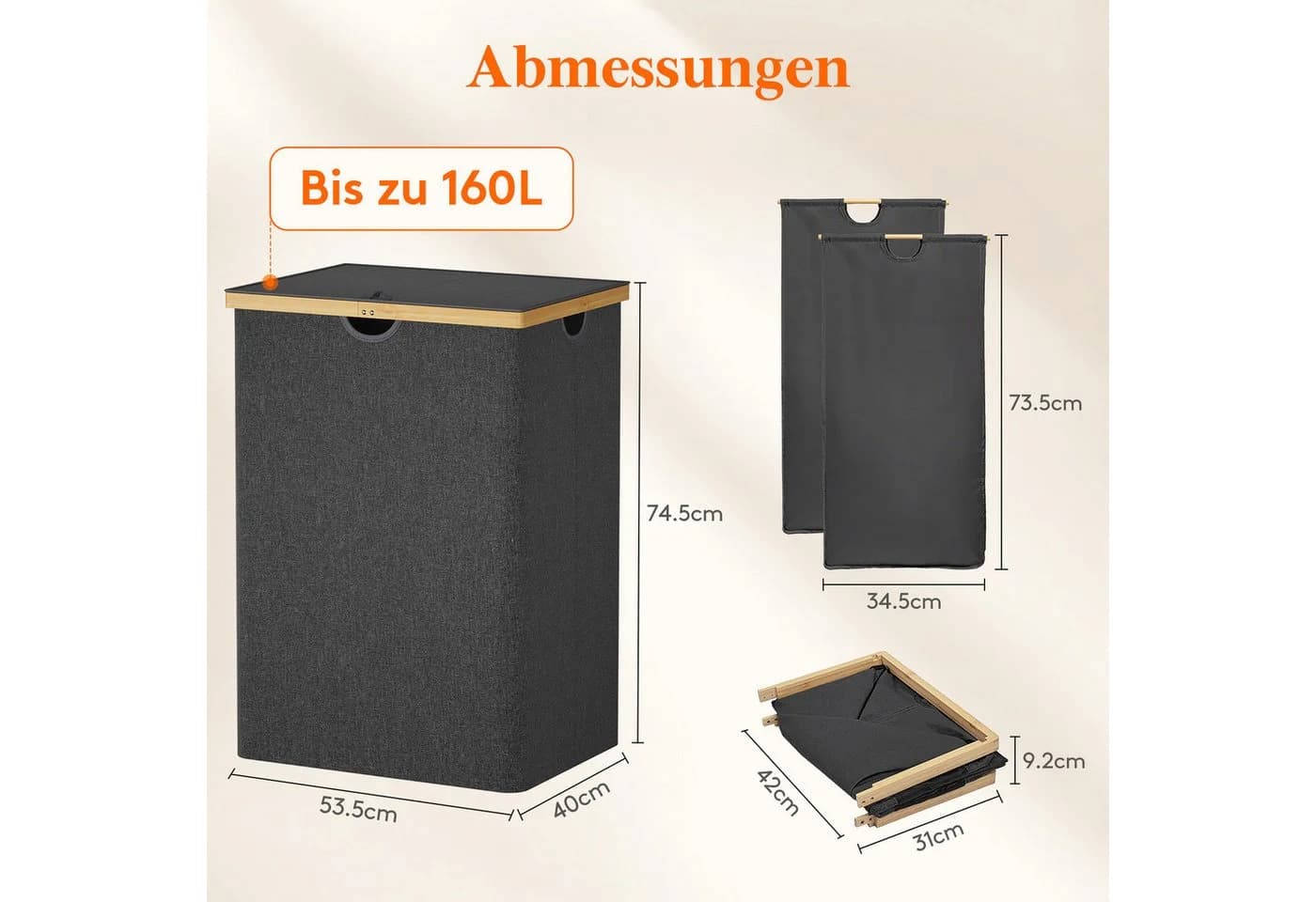 Lifewit Wäschebox Bambus Wäschekorb mit Deckel, 2 Fächer Wäschesortierer Dunkelschwarz - Bild 4