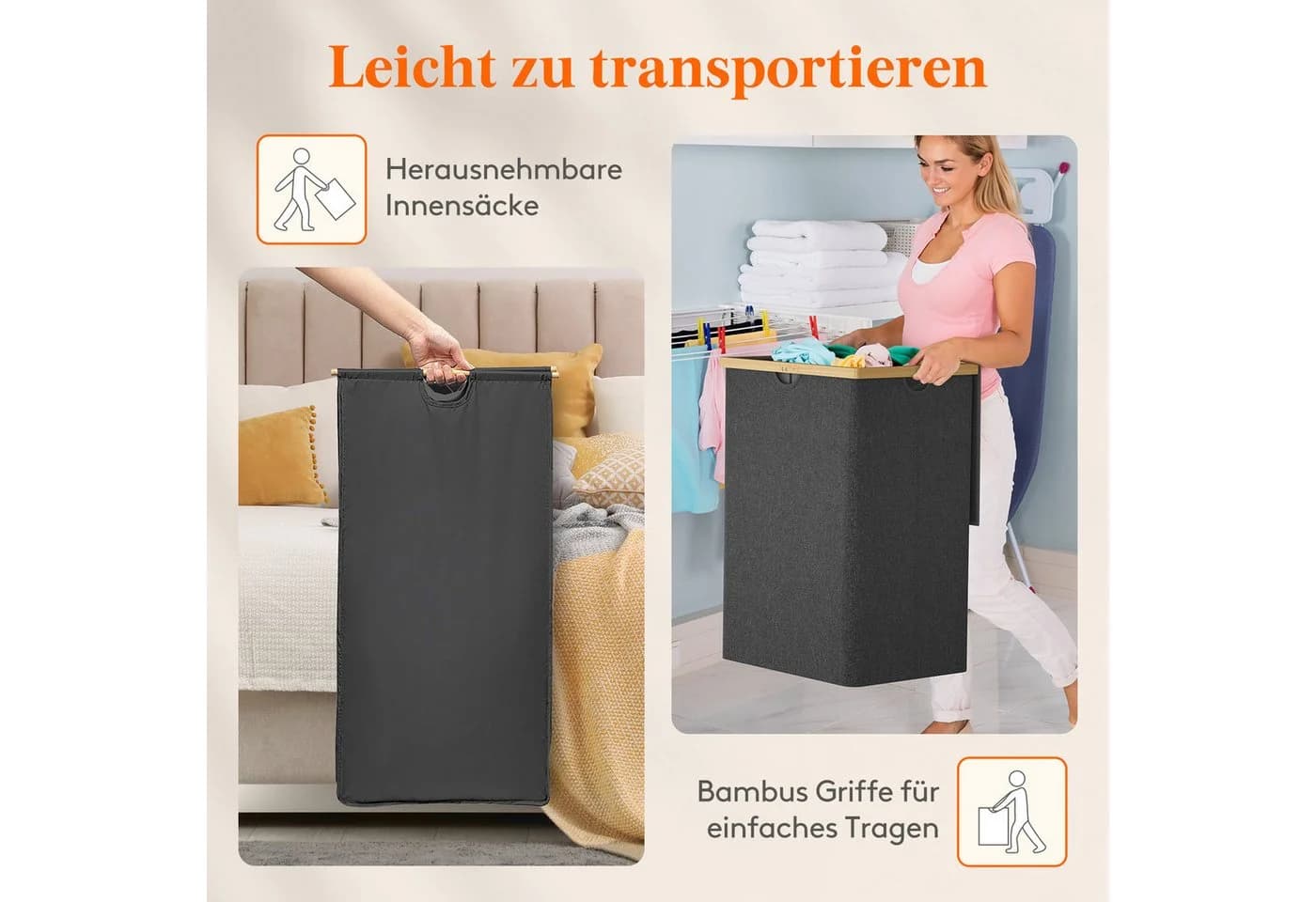 Lifewit Wäschebox Bambus Wäschekorb mit Deckel, 2 Fächer Wäschesortierer Dunkelschwarz - Bild 5