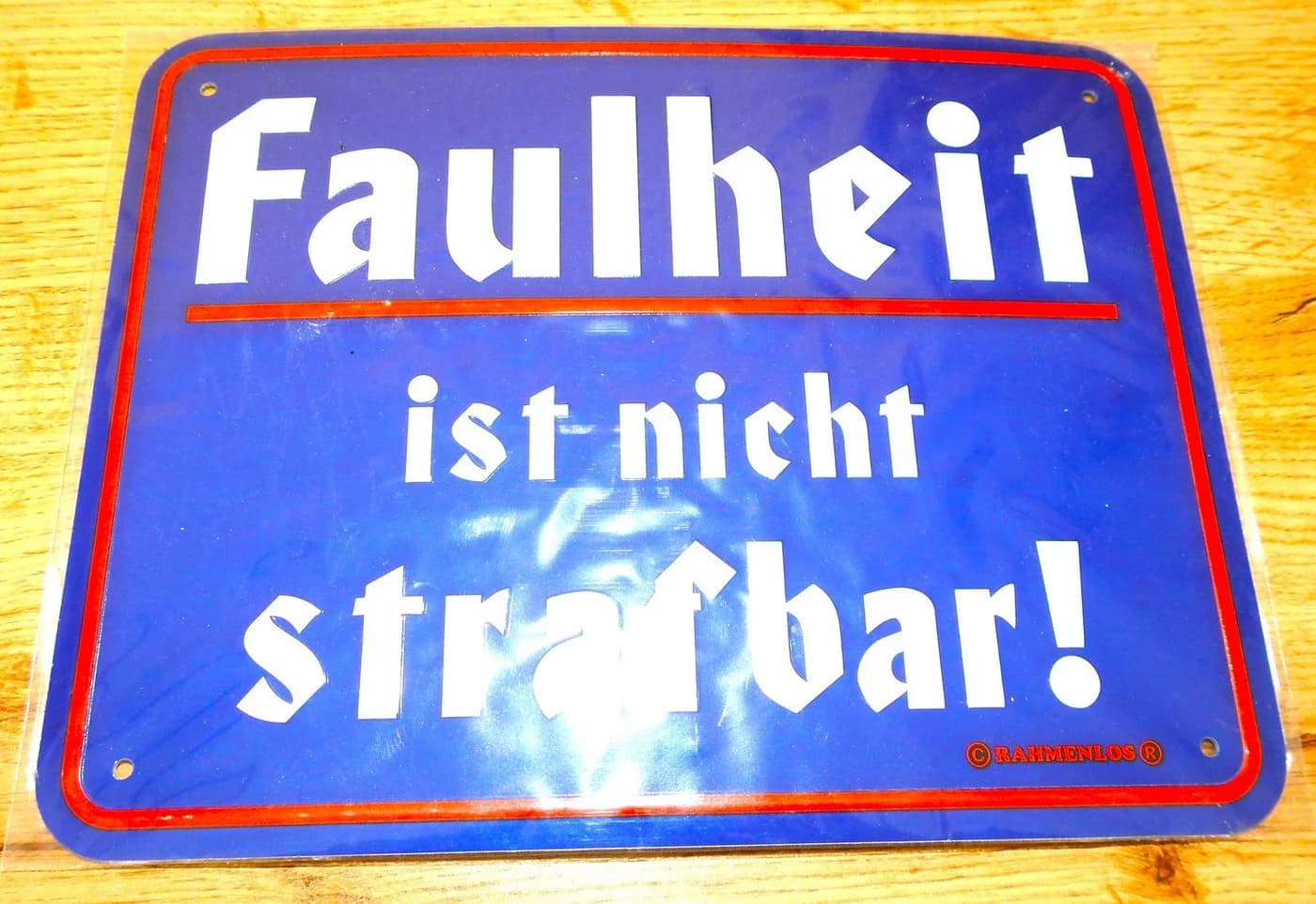 RAHMENLOS® Metallschild Faulheit Silber 17x22 cm