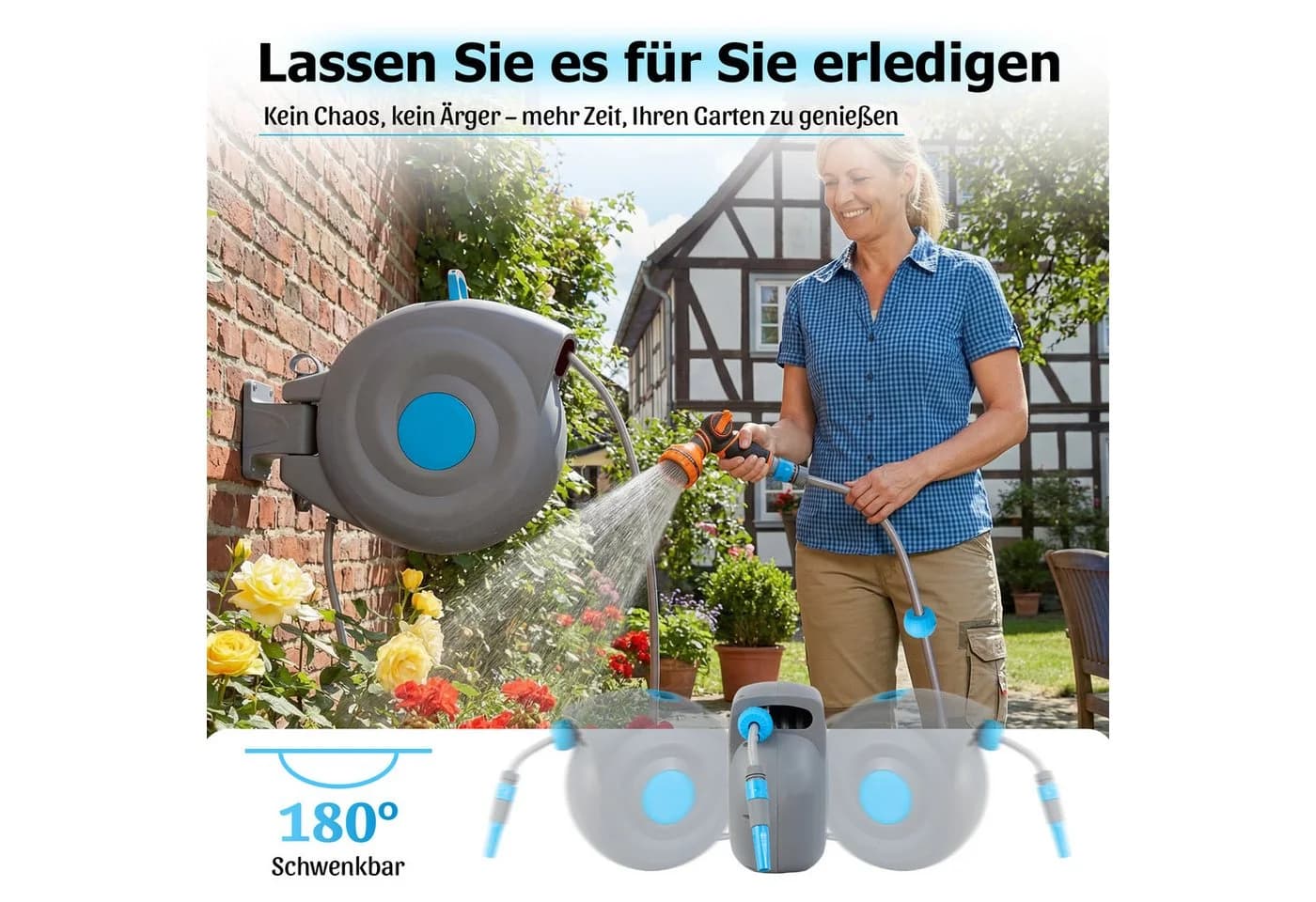 Thanaddo Gartenschlauch Wand Schlauchtrommel Grau 180° Schwenkbar - Bild 5