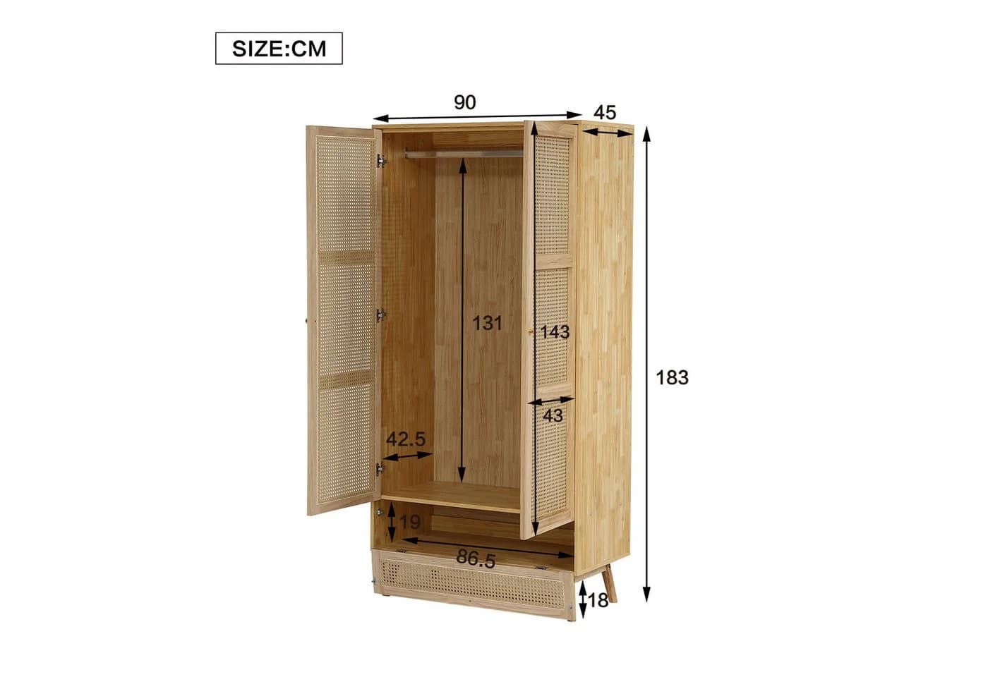Thanaddo 2-türiger Kleiderschrank mit Rattan-Tür und Aufhängesystem