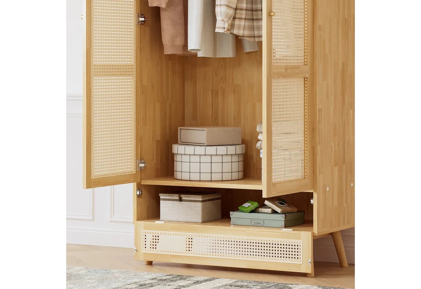 Thanaddo 2-türiger Kleiderschrank mit Rattan-Tür und Aufhängesystem - Bild 5