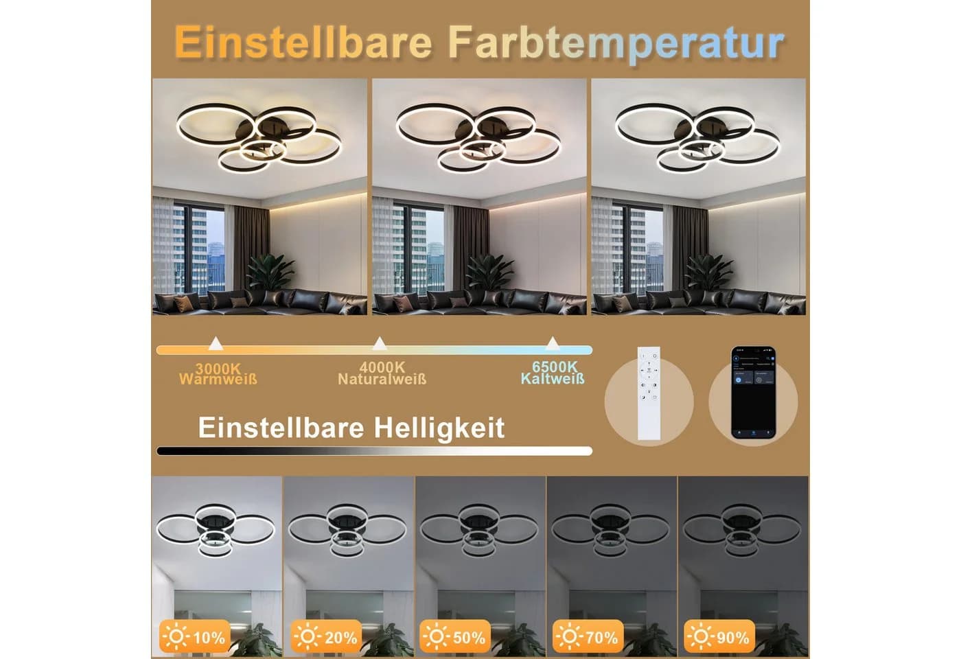 Nettlife LED Deckenleuchte Dimmbar Wohnzimmer Gold - Bild 4