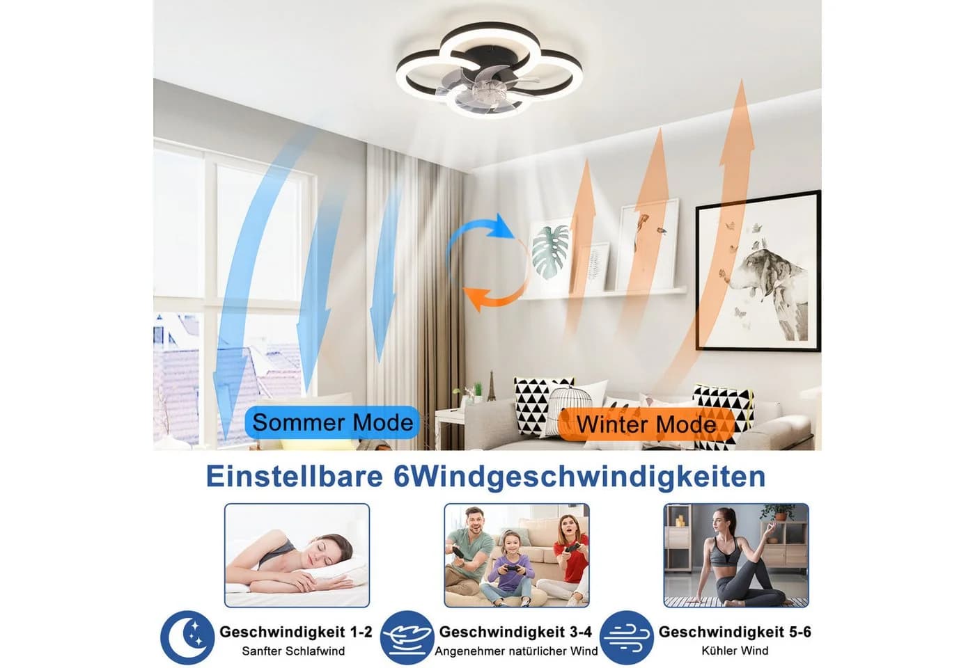 Nettlife Deckenventilator Schwarz/Weiß 6-Gang Timer