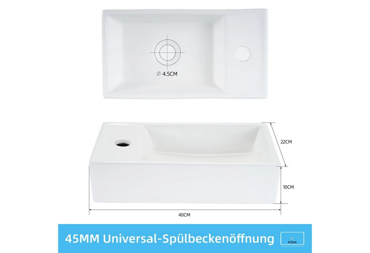 Nettlife Waschbecken Keramik Eckig Klein 51CM Hängewaschbecken Mit Hahnloch - Bild 3