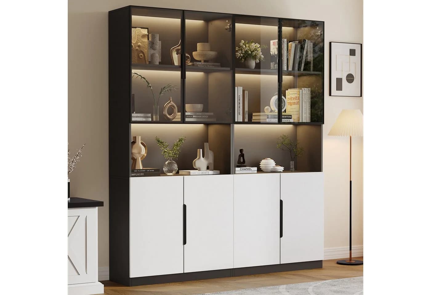 Thanaddo Glasvitrine mit LED-Licht, Sammlung Bücherregal