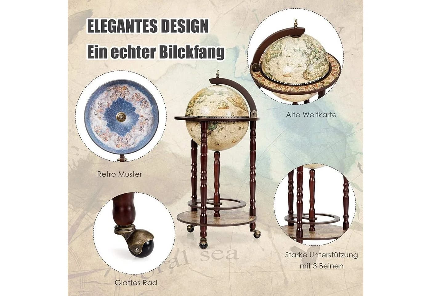 COSTWAY Weinregal Globusbar Servierwagen mit Rollen Hellbraun Massivholz - Bild 3