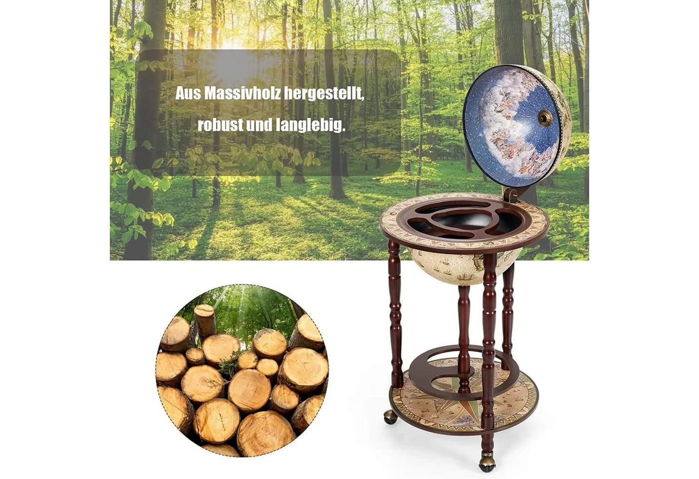 COSTWAY Weinregal Globusbar Servierwagen mit Rollen Hellbraun Massivholz - Bild 4