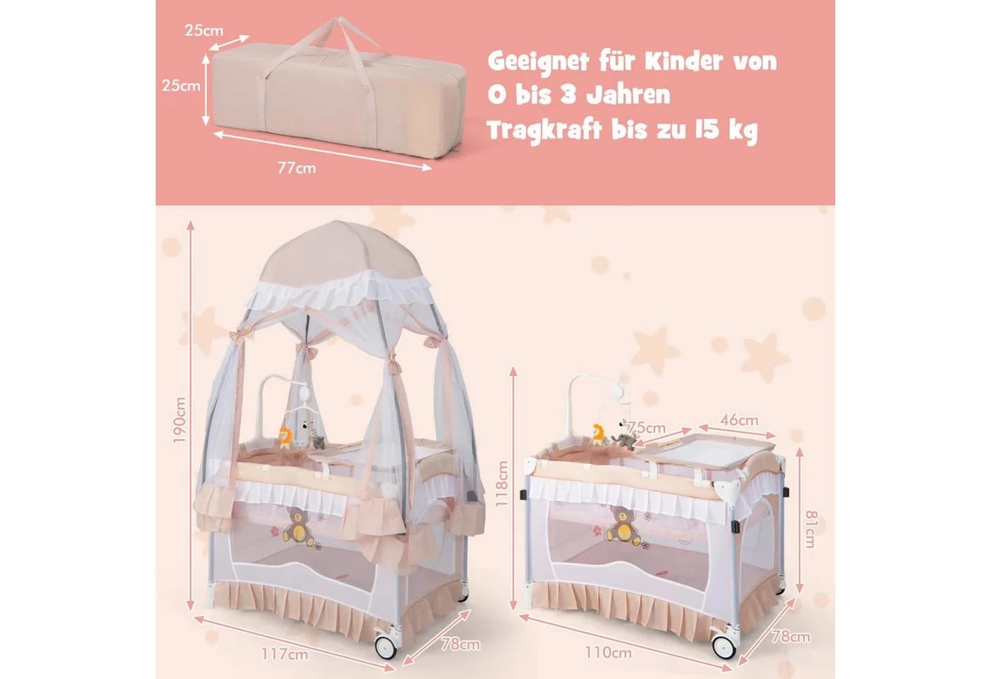 COSTWAY Kinderbett Reisebett rosa mit Baldachin und Wickelauflage