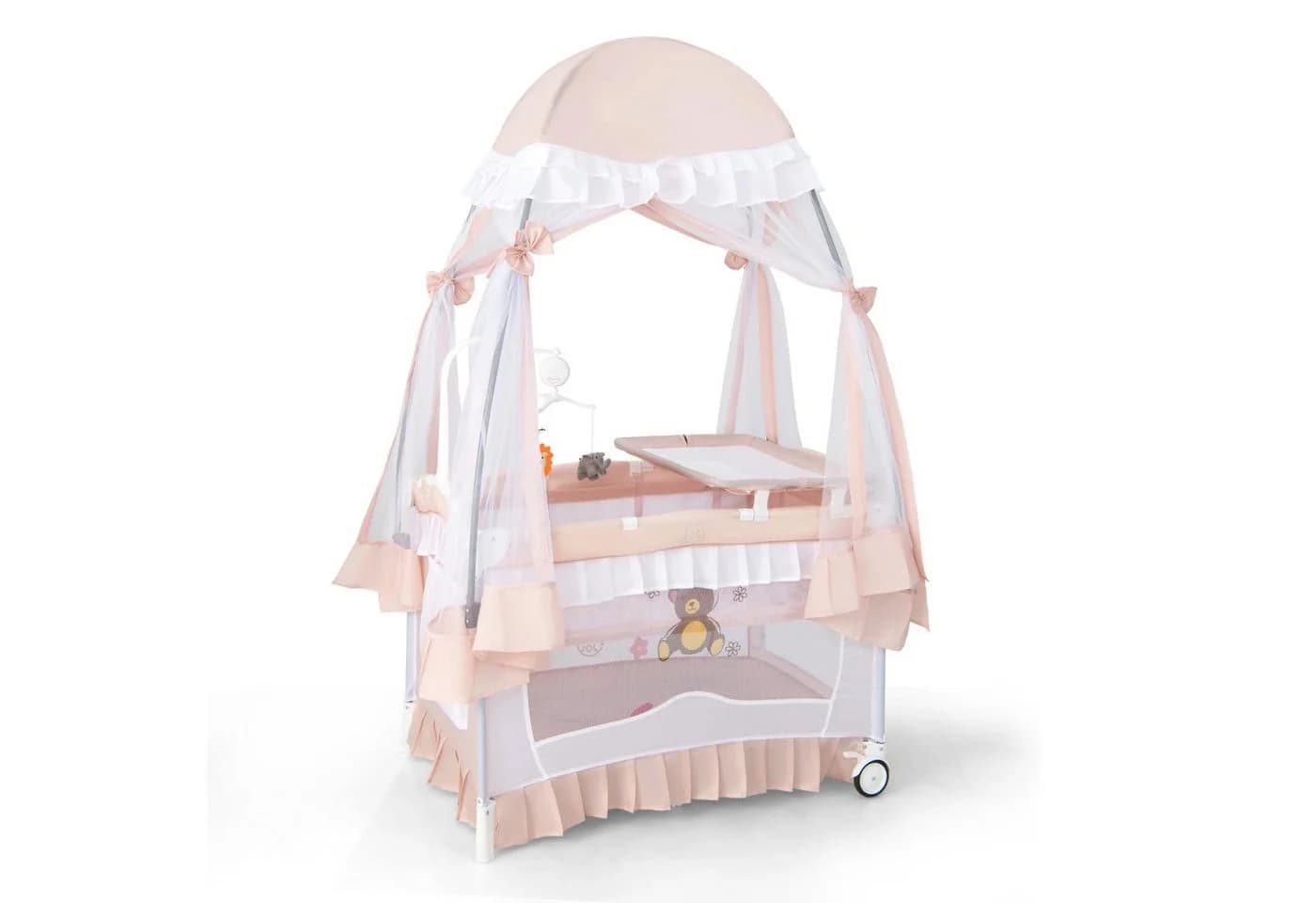 COSTWAY Kinderbett Reisebett rosa mit Baldachin und Wickelauflage - Bild 2