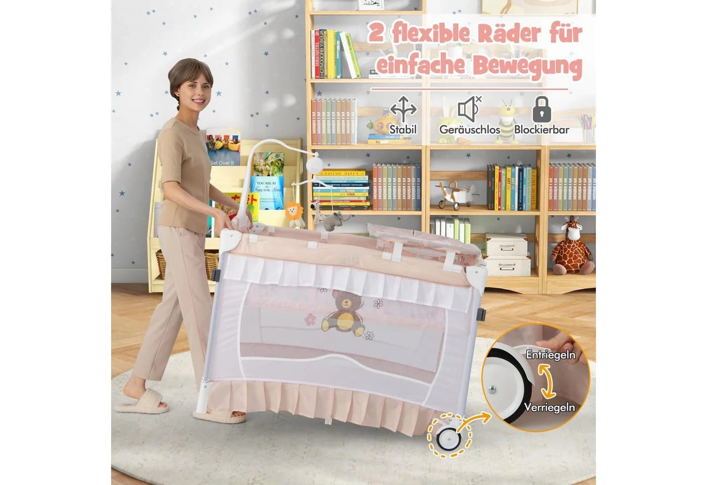 COSTWAY Kinderbett Reisebett rosa mit Baldachin und Wickelauflage - Bild 5