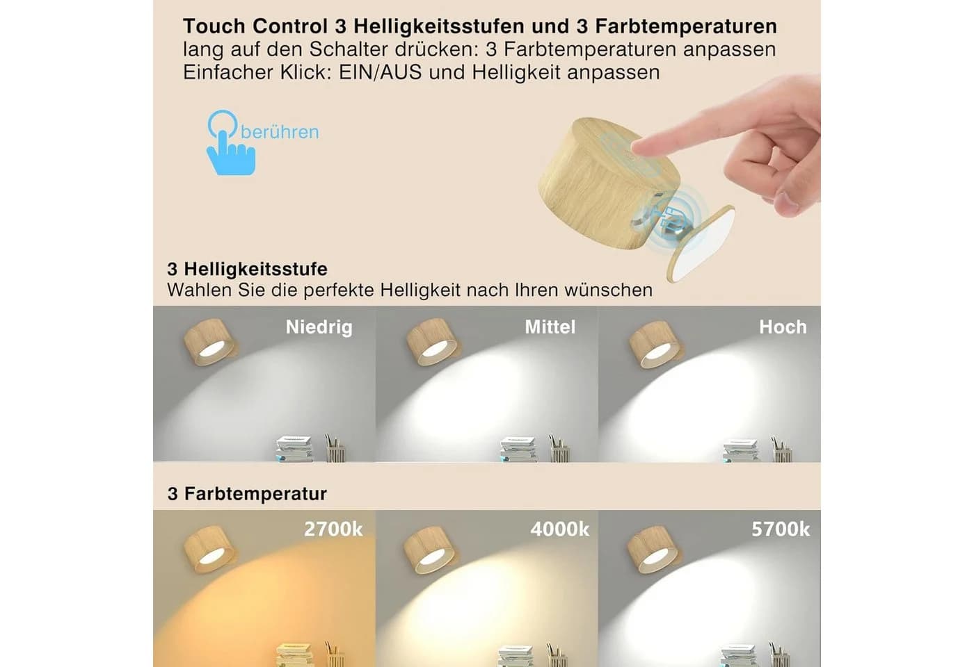 SinLaw LED Wandleuchte 360° drehbar Touch Control 3 Helligkeitsstufen