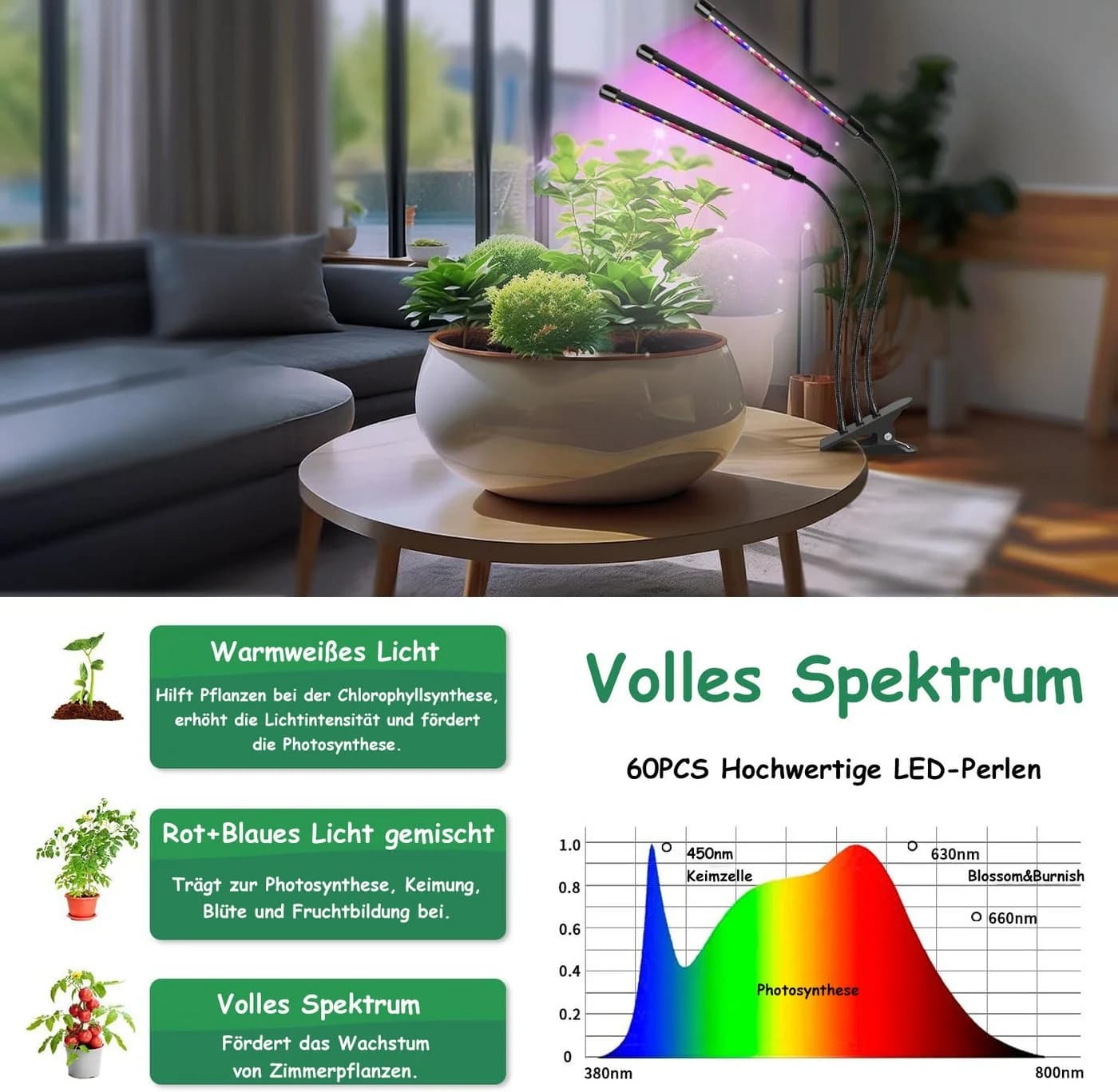 SinLaw Pflanzenlampe Dreiköpfige LED Wachstumslampe Vollspektrum Timer - Bild 5