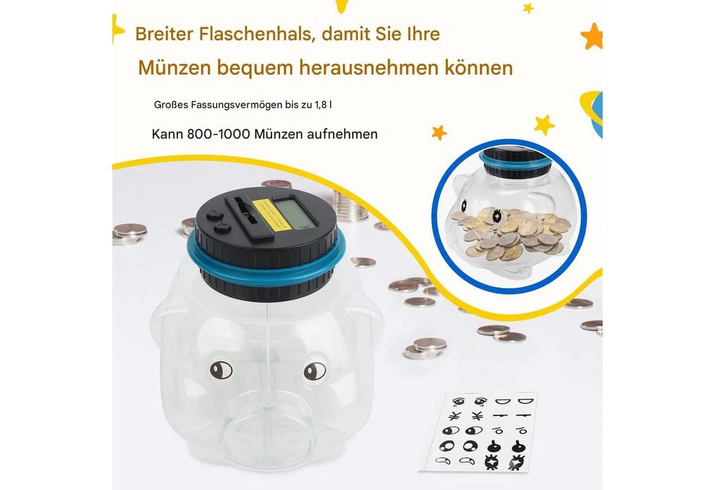 SinLaw Digitales Sparschwein mit Euro-Zählfunktion inkl. süßer Sticker Schwarz - Bild 3
