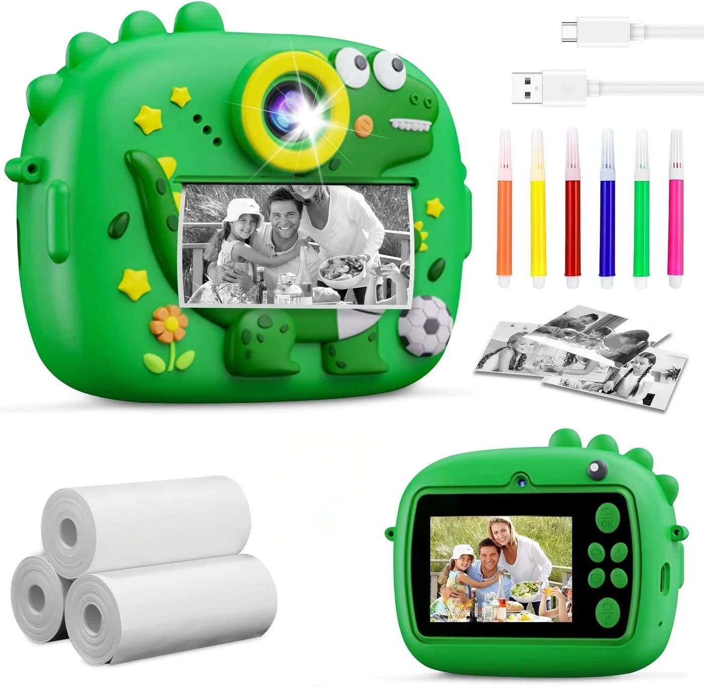 SinLaw Spielzeug-Kamera Kinderkamera Grün Sofortbildkamera 1080P HD 3 Rollen Druckerpapier - Bild 2