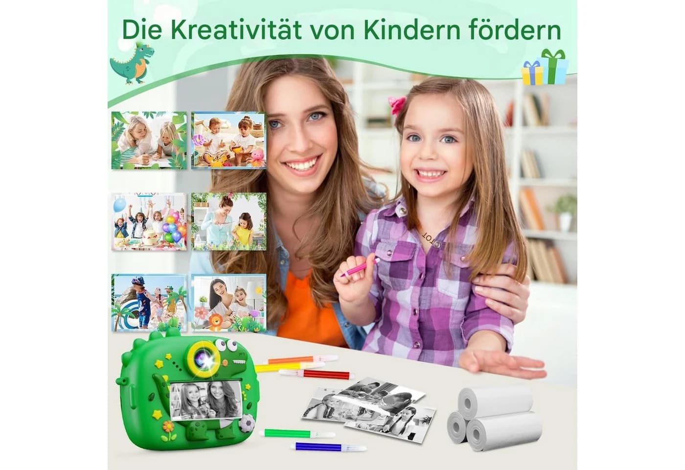 SinLaw Spielzeug-Kamera Kinderkamera Grün Sofortbildkamera 1080P HD 3 Rollen Druckerpapier - Bild 4