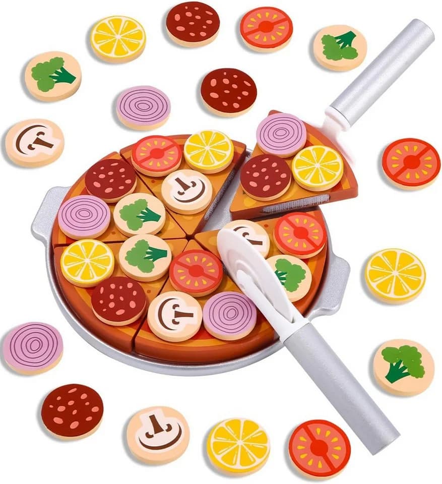 SinLaw Lernspielzeug Holz-Pizza-Set mit Klettverschluss