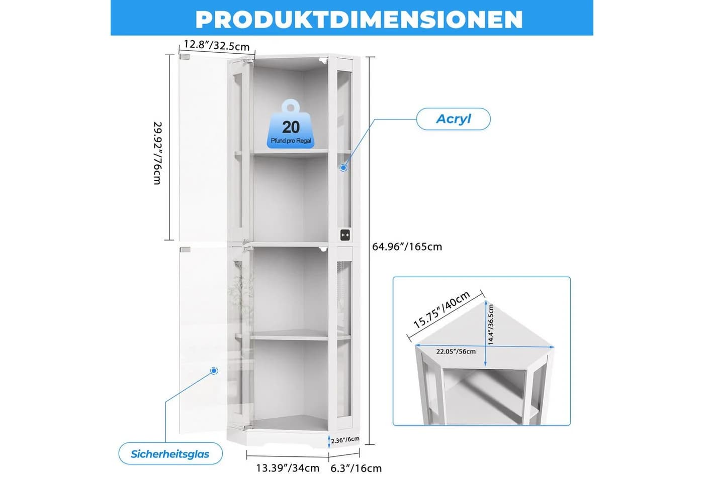 BROTTAR Eckvitrine 4-stöckiger Eckglasanzeigeschrank LED-Beleuchtung 9kg Tragkraft - Bild 3