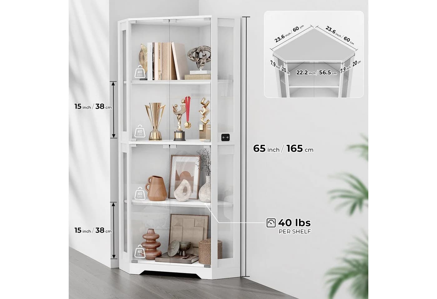 BROTTAR Eckvitrine 4 Böden LED-Beleuchtung Körpersensor weiß - Bild 4