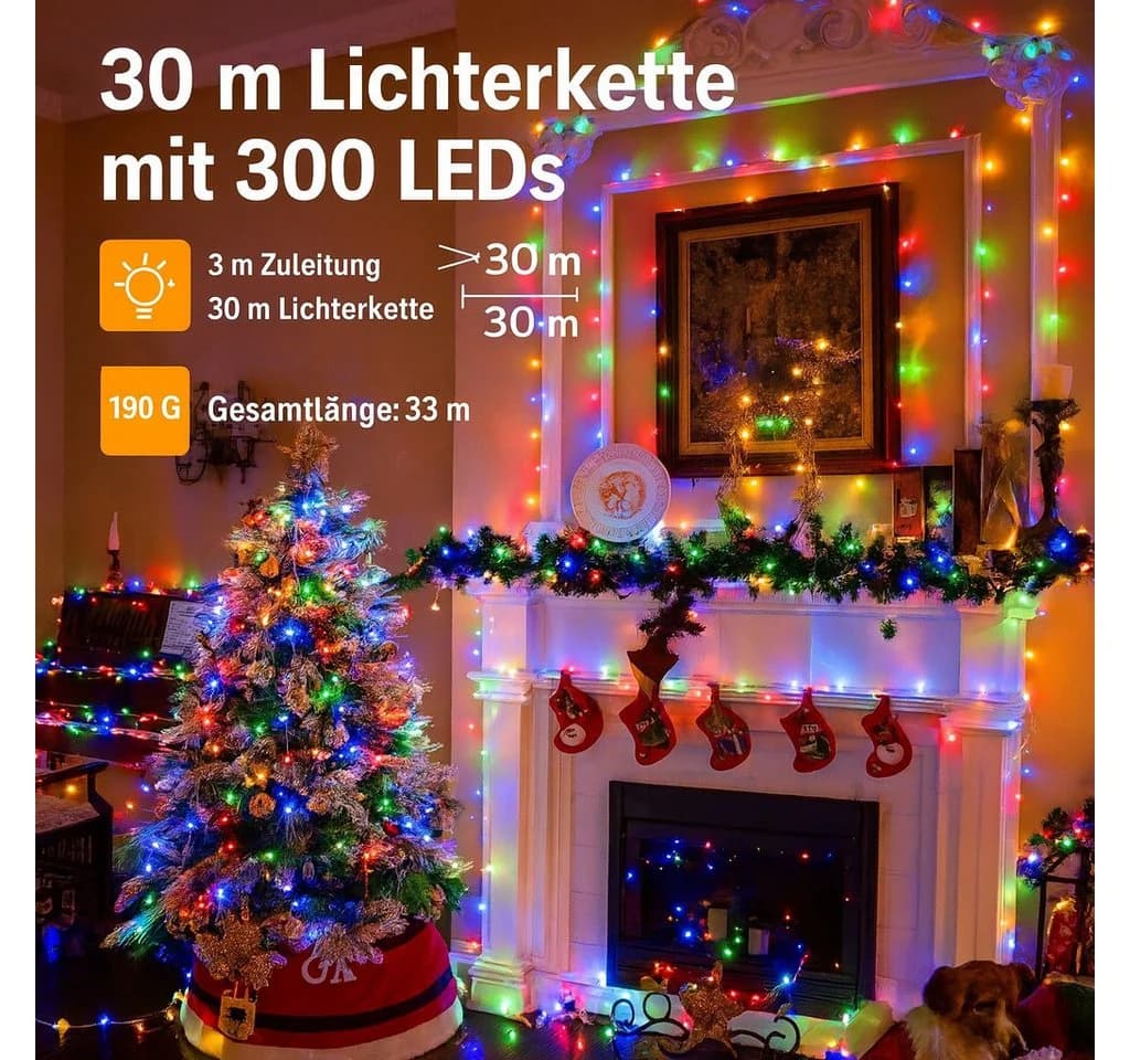 Ollny LED-Lichterkette 600-flammig 60m 8 Lichtmodi Timer & Memory IP44 Schutzklasse