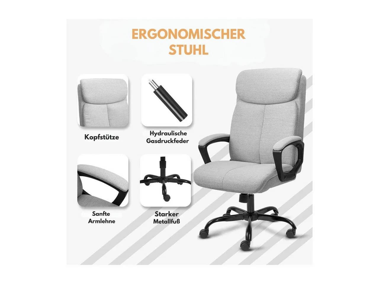 Diyarts Bürostuhl Grau Ergonomisch mit Wippfunktion - Bild 3