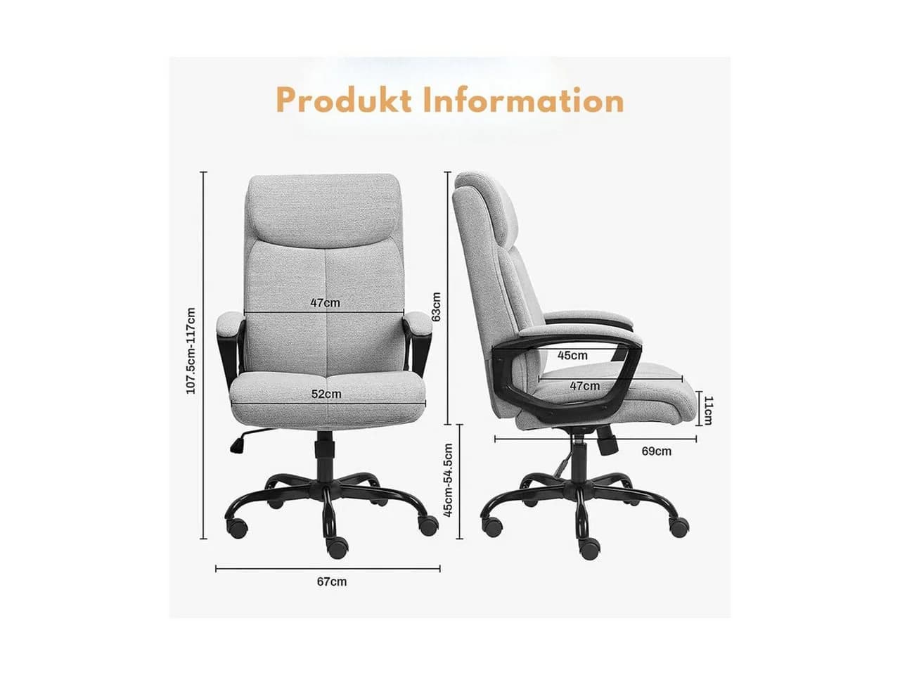 Diyarts Bürostuhl Grau Ergonomisch mit Wippfunktion - Bild 4