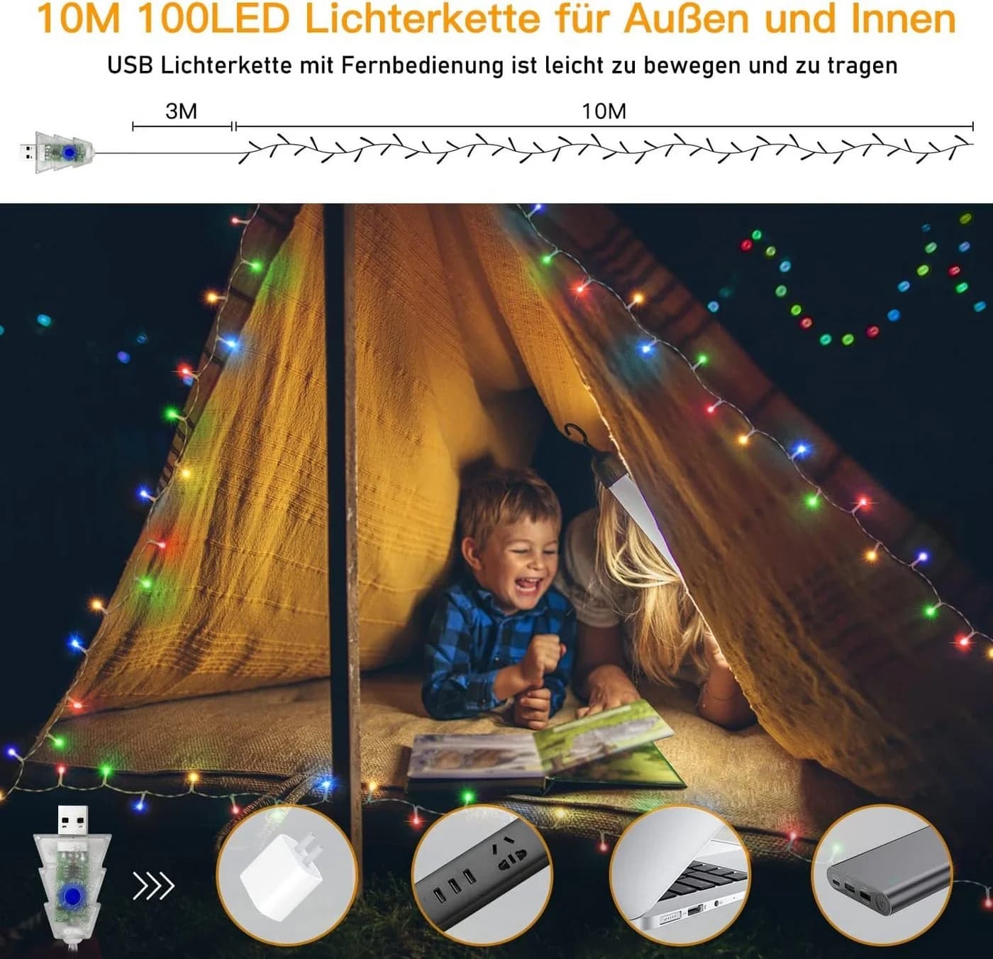 Ollny LED-Lichterkette 100-flammig 4-in-1 Farbmodi USB-betrieben Wasserdicht - Bild 3