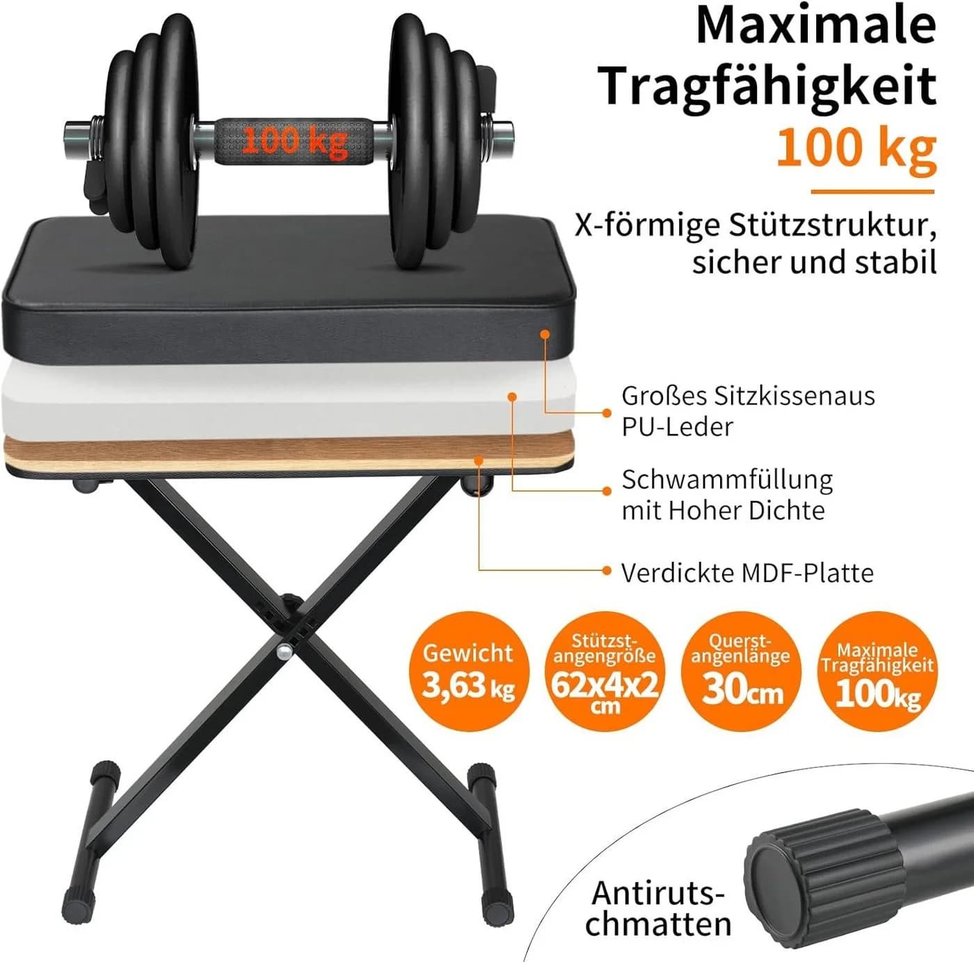 TLGREEN Klavierhocker Höhenverstellbar 50-56 cm mit 8 cm PU Kissen