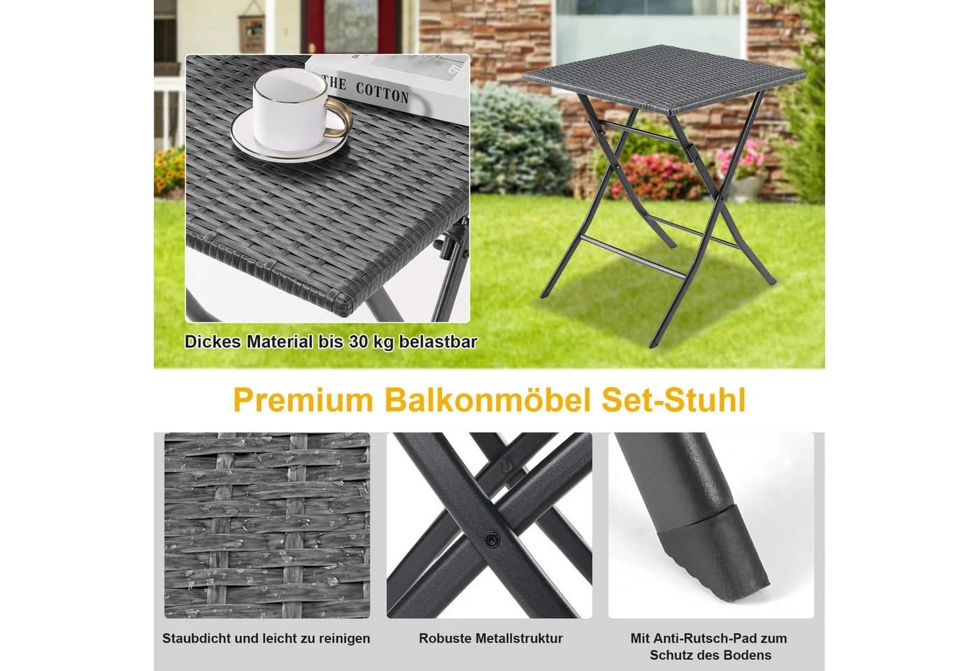 TLGREEN Balkonset Gartentisch- und Stuhlset 3-teilig Klappbar Grau - Bild 5