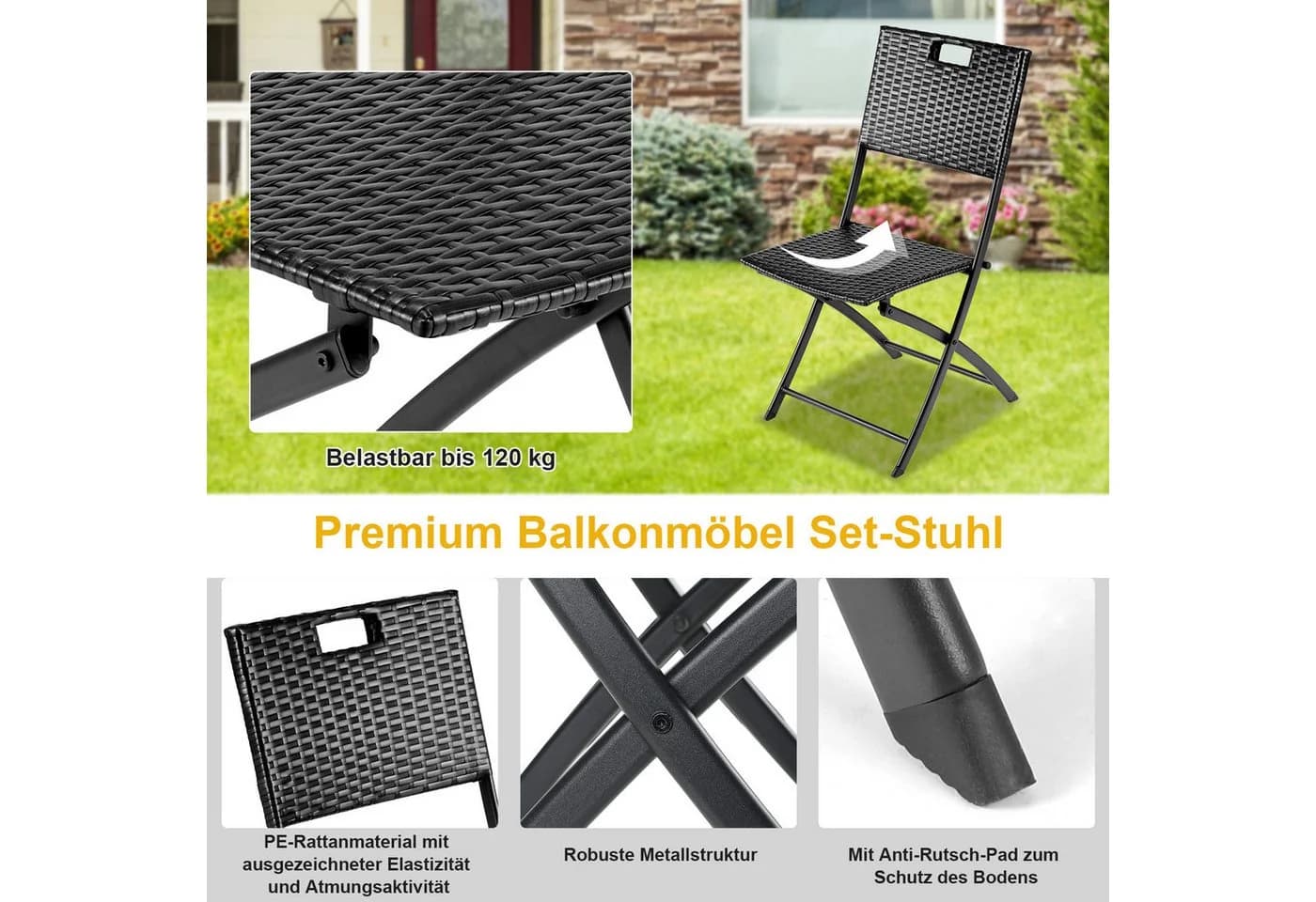 TLGREEN Balkonset 3-tlg. Klappbar Schwarz/Braun/Grau PE-Rattan - Bild 4