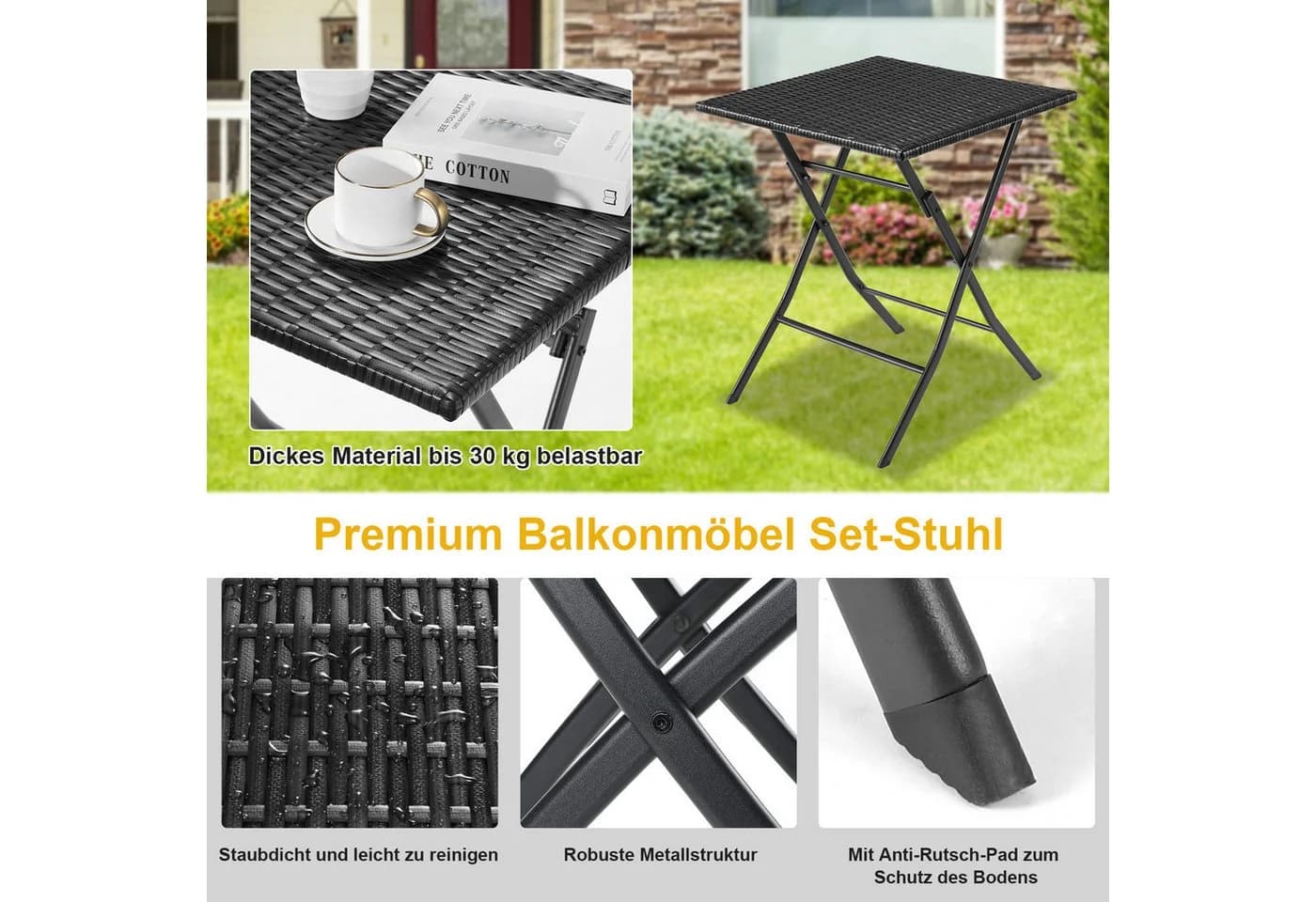 TLGREEN Balkonset 3-tlg. Klappbar Schwarz/Braun/Grau PE-Rattan - Bild 5