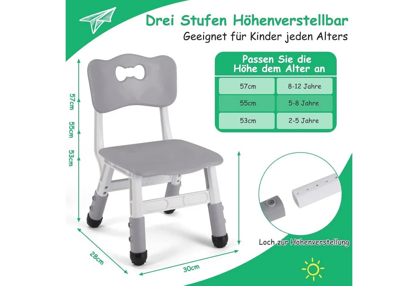 TLGREEN Kindersitzgruppe Kinder Schreibtischstuhl Höhenverstellbar Grau - Bild 3
