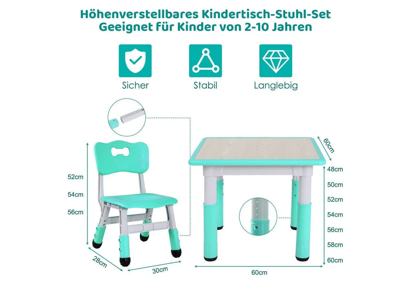 TLGREEN Kindersitzgruppe Tisch mit 4 Stühlen höhenverstellbar Minzgrün - Bild 3