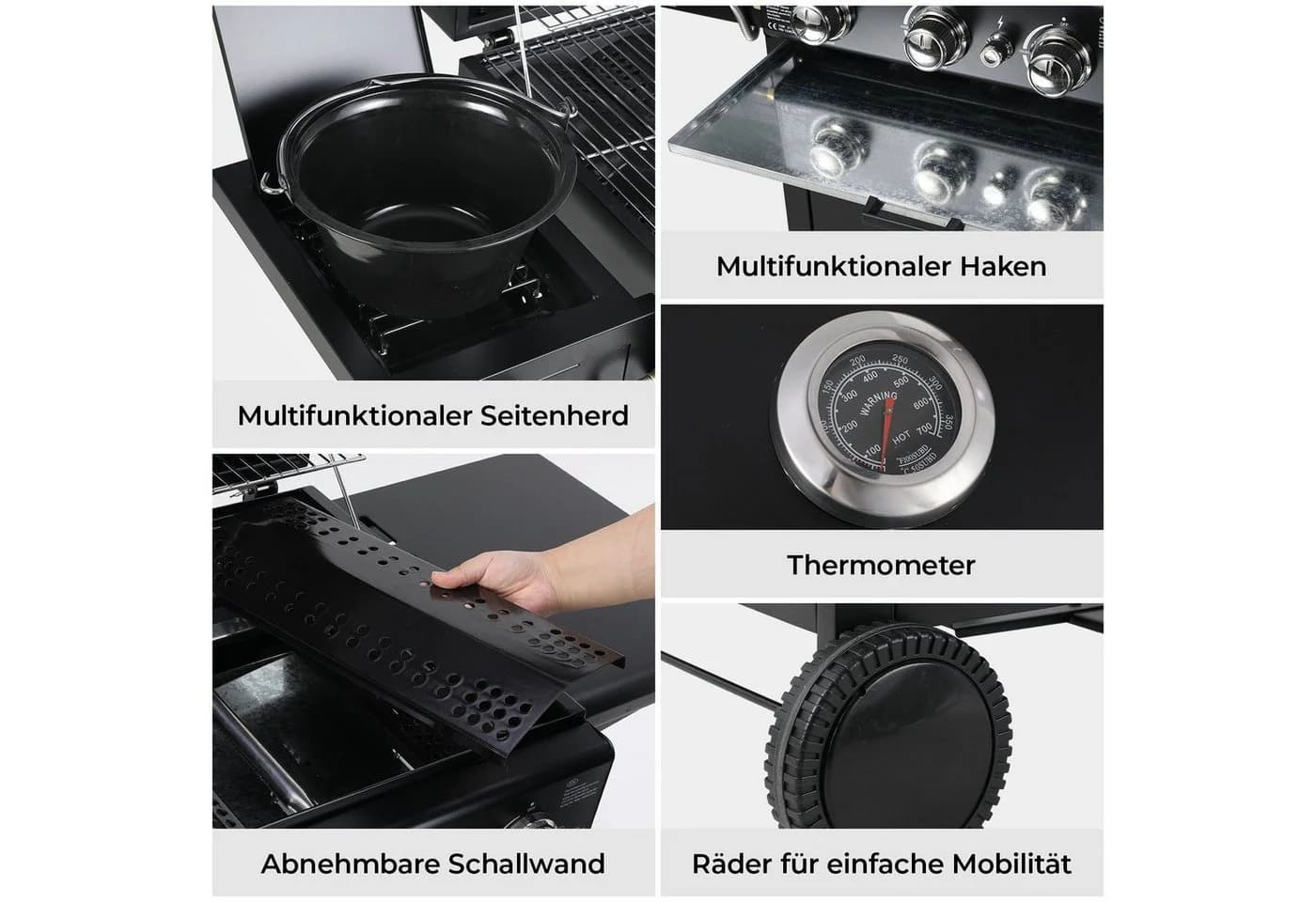 TLGREEN Gasgrill 4+1 Brenner Edelstahl Schwarz mit Piezozündung - Bild 4