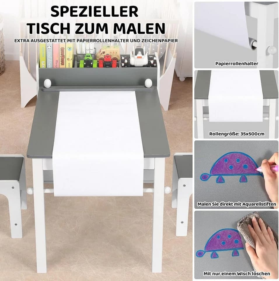 TLGREEN Zeichentisch mit 2 Stühlen Grau MDF - Bild 3