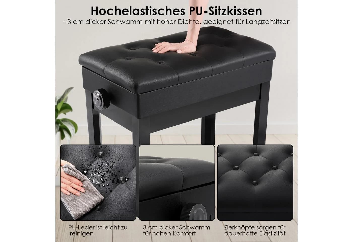 TLGREEN Klavierbank Höhenverstellbar 48-58CM Schwarz - Bild 4