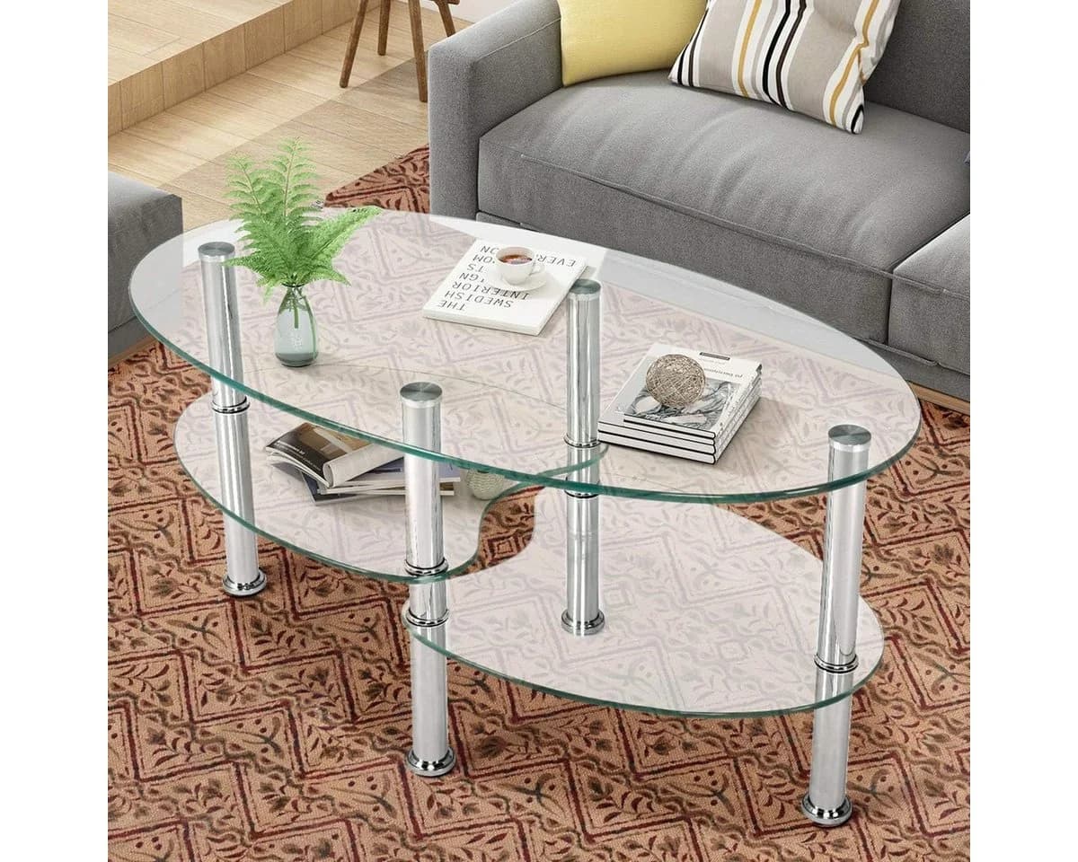 KOMFOTTEU Couchtisch Beistelltisch 3 Ebenen Glastisch Metallgestell