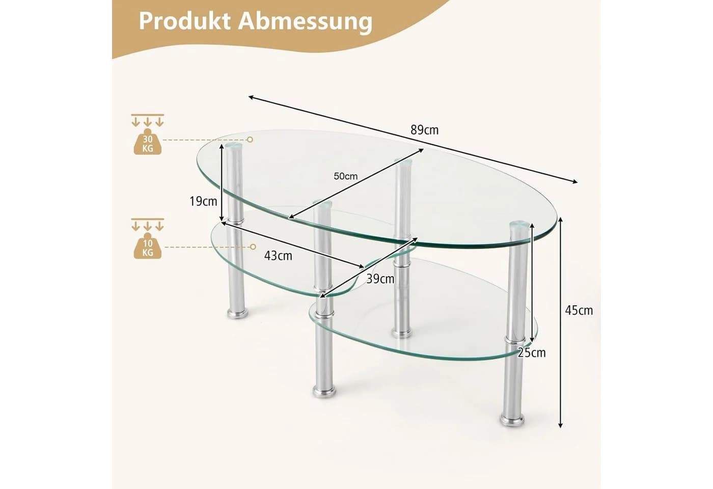 KOMFOTTEU Couchtisch Beistelltisch 3 Ebenen Glastisch Metallgestell - Bild 3