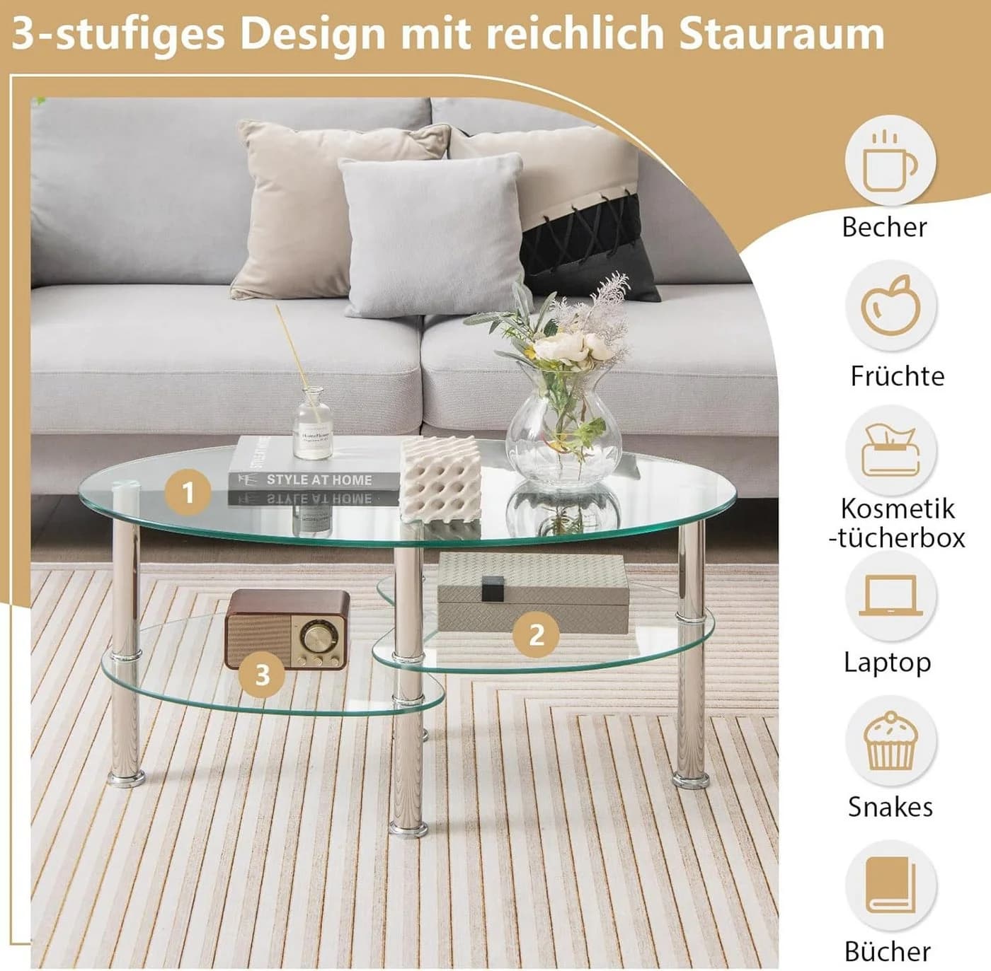 KOMFOTTEU Couchtisch Beistelltisch 3 Ebenen Glastisch Metallgestell - Bild 4