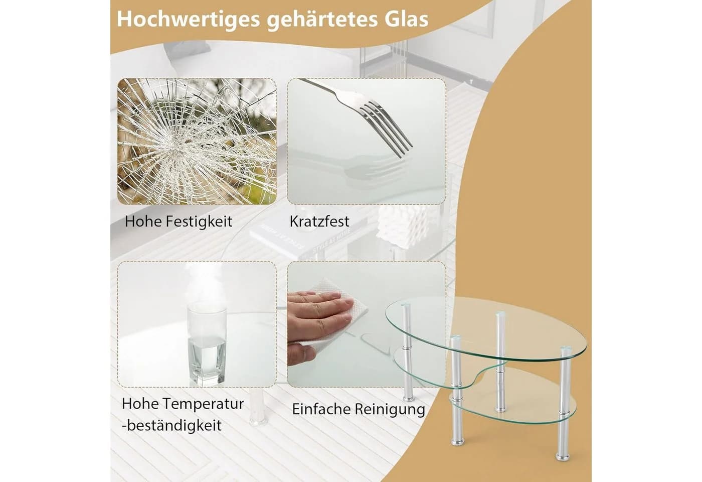 KOMFOTTEU Couchtisch Beistelltisch 3 Ebenen Glastisch Metallgestell - Bild 5